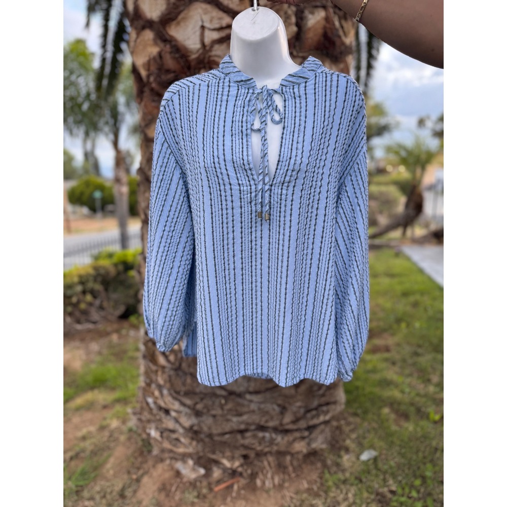 Free People Blue Striped Tunic Top XS Balloon Sleeve Boho VNeck Tie Front Blouse - Picture 2 of 12